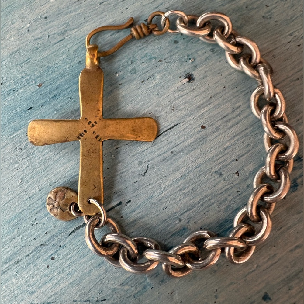 Brass Cross with Silver Link Bracelet